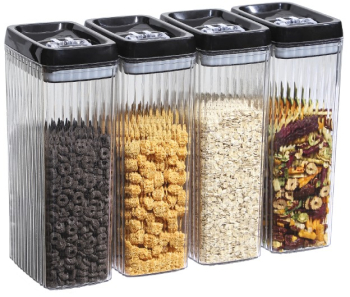 Cutii de Depozitare Alimente Flippy Set din 4 Cutii de tip Container Recipiente pentru Cereale in Bucatarie Transparente cu Capac Negru 
