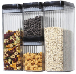 Cutii de Depozitare Alimente Flippy Set din 4 Cutii de tip Container Recipiente pentru Cereale in Bucatarie Transparente cu Capac Negru 