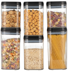 Cutii de Depozitare Alimente Flippy Set din 6 Cutii de tip Container Recipiente pentru Cereale in Bucatarie Transparente cu Capac Negru 