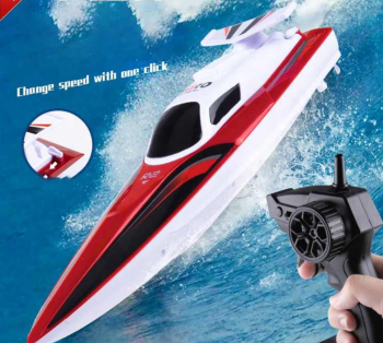 Barca de curse cu telecomanda 15 km/h rezistenta la apa pentru piscine si lacuri incarcare USB acumulator inclus 35x10.5x10 cm 