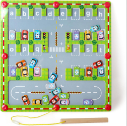 Labirint cu masini magnetice inscriptionate cu litere parcheaza masina pe litera corecta cu pixul magnetic 30x30x1.5cm 