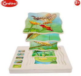 Puzzle din lemn in 5 straturi cu ciclul de viata al fluturelui 22x18x2cm 