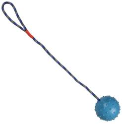 Jucarie pentru caine minge cu sfoara si maner 6 x 40cm Albastru Ropet 