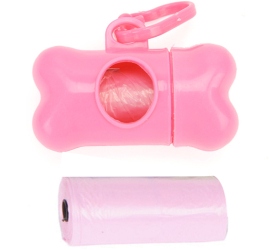Set 2 role x 15 saci menajeri pentru fecale si dispenser cu agatatoare in forma de os pentru caini si pisici Roz Ropet 