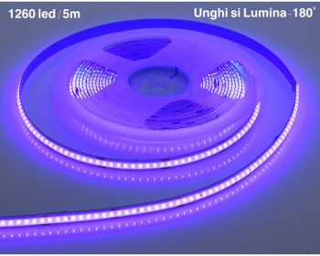 Banda Led COB mov - Exterior/Interior IP65 Flexibil adeziva - 252led/m - 12W/ml - Rola 5m 