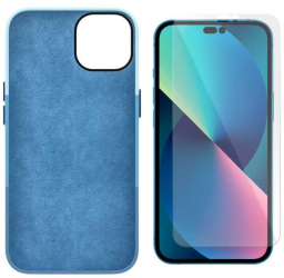 Husa de protectie blue cu armatura pe margini pentru Iphone 14 Pro piele ecologica si folie de protectie 9H grosime 0.3 mm 