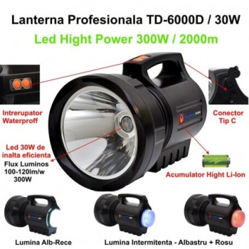 Lanterna profesionala reincarcabila 300W led Tip CREE XM-L T6 30W USB tip C TD-6000D 