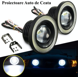 Set de 2 Proiectoare ceata universale Auto Lupa LED Angel Eyes 76mm 