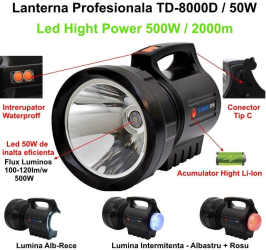 Lanterna profesionala reincarcabila td-8000D 500W led Tip CREE XM-L T6 50W USB tip C 