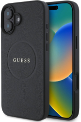 Husa pentru iPhone 16 - Guess Grained Gold Ring MagSafe GUHMP16SPGHSMMK - Black 