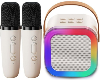 Set Boxa Bluetooth Karaoke Cu 2 Microfoane Wireless Pentru Adulti si Copii Lumini RGB 4 Efecte Vocale MicroSD Card Type-C Bej 