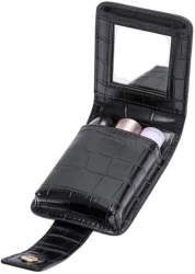 Portfard compact din piele pentru rujuri cu oglinda si inchidere cu capsa elegant si practic - Negru 