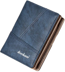Portofel din piele pentru barbati Dublu Bifold cu fermuar Cusaturi decorative - Albastru 