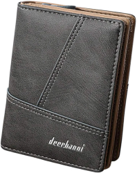 Portofel din piele pentru barbati Dublu Bifold cu fermuar Cusaturi decorative - Negru 