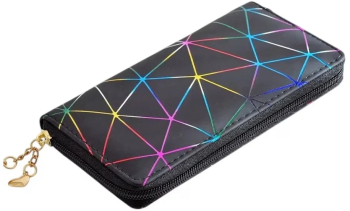 Portofel lung pentru femei piele PU design minimalist cu model geometric si fermoar - Negru Multicolor 