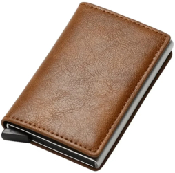 Portofel Premium pentru carduri Trifold din aliaj de aluminiu si piele PU cu blocare RFID - Maro 