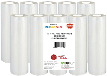Set 10 role pungi vidat gofrate dimensiuni 200x3000 mm transparente grosime 85 microni preparare sau depozitare Sous Vide