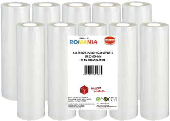 Set 10 role pungi vidat gofrate dimensiuni 250x6000 mm transparente grosime 85 microni preparare sau depozitare Sous Vide 