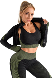 Set Fitness modelator din 3 Piese - colanti bustiera bluza cu maneca lunga si fermoar negru cu verde - M 
