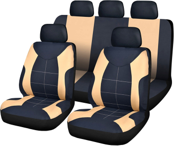 Set Huse Scaune Auto Fata/Spate din 9 Piese Universale Culoare Negru cu Bej Compatibile cu Scaune cu Airbag 