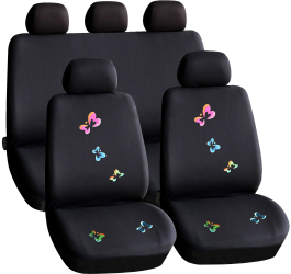 Set Huse Scaune Auto Fata/Spate din 9 Piese Universale Culoare Negru cu Fluturasi Compatibile cu Scaune cu Airbag 