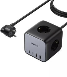 Prelungitor smart Ugreen Nexode DigiNest Cube, 3x 3680 W AC Schuko, 2x USB-C, 2x USB-A, Gri 