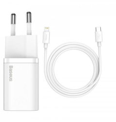 Incarcator retea Baseus Super Si, Quick Charge 20W, 1 x USB Type-C 5V/3Amax, include cablu USB Type-C la Lightning Iphone 1m, alb 