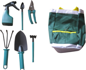 Set 7 piese 6 unelte de gradina si genata de depozitare KJK plastic metal verde negru