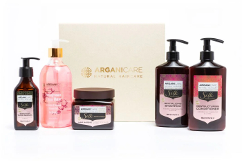 Set rutina pentru stralucirea parului si corp Silk Arganicare 5 articole