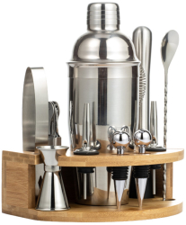 Kit complet pentru barmani Lewe MC-M12 Suport bambus 12 piese 500 ml Set barman pentru preparare bauturi Otel inoxidabil 