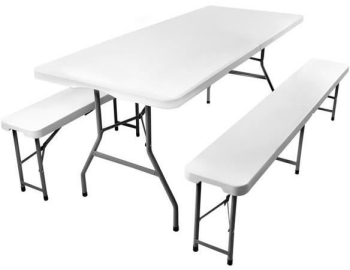 Masa si 2 banci pliabile Zola plastic si otel 180x74x74cm/180x30x45cm pentru camping sau gradina albe 