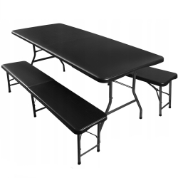 Masa si 2 banci pliabile Zola plastic si otel 180x74x74cm/180x30x45cm pentru camping sau gradina negru 