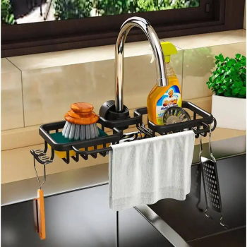 Raft organizator dublu universal pentru bucatarie sau baie montaj pe robinet material otel culoare Neagra