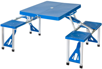 Set 2 in 1 masa si 2 banci pliabile Zola 82 x 82 x 68 cm cadru aluminiu + polipropilena pentru camping sau gradina 4 locuri albastru 