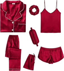 Set pijamale din satin pentru femei SWOMOG scurte lungi 7 piese rosu XL - OUTLET 