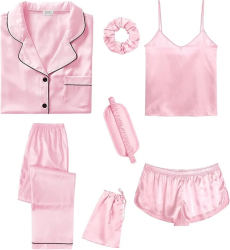 Set pijamale din satin pentru femei SWOMOG scurte lungi 7 piese roz XXL - OUTLET 