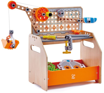 Jucarie din lemn Hape - Banc de lucru stiintific 58 piese 