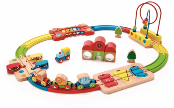 Jucarie din lemn Hape - Sina de tren curcubeu cu puzzle 30 piese 