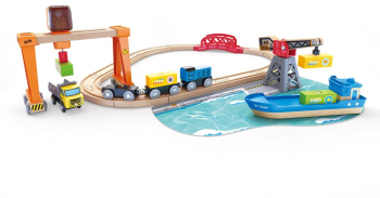 Set de joaca circuit din lemn - Port cu trenuri vapoare si camioane 