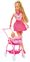 Papusa Steffi in rochita roz si cu carucior bebe 