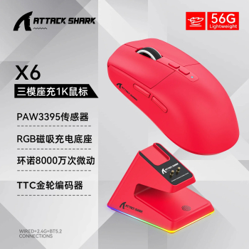 Atac Shark PAW3395 Mouse de Gaming &ndash Tri-Mod RGB Incarcare Magnetica Bluetooth Suport Macro - Rosu 