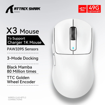 Atac Shark PixArt Mouse de Gaming Bluetooth &ndash 26000DPI Tri-Mod 49g Usor Functie Macro - X3 Alb 