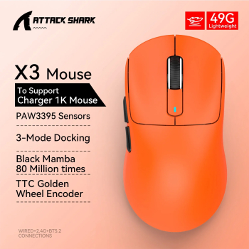 Atac Shark PixArt Mouse de Gaming Bluetooth &ndash 26000DPI Tri-Mod 49g Usor Functie Macro - X3 Portocalie 