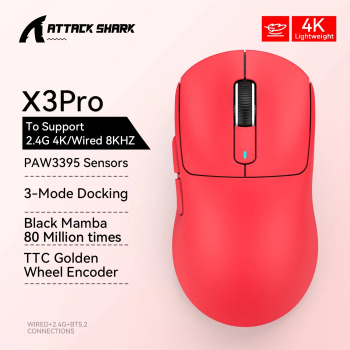 Atac Shark PixArt Mouse de Gaming Bluetooth &ndash 26000DPI Tri-Mod 49g Usor Functie Macro - X3Pro Rosu-4K 