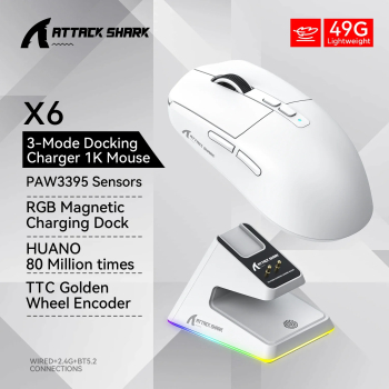 Mouse de gaming Attack Shark PAW3395 &ndash Tri-Mod RGB Incarcare magnetica Bluetooth Suport macro - Alb 
