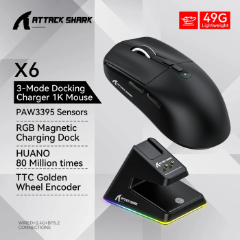 Mouse de gaming Attack Shark PAW3395 &ndash Tri-Mod RGB Incarcare magnetica Bluetooth Suport macro - Negru 