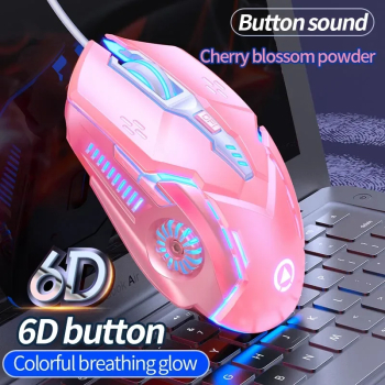 Mouse de gaming ergonomic cu fir RGB 3200DPI 6 butoane - Roz 