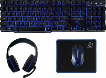 Nou! Kit tastatura + mouse + casti + mousepad gaming Rebeltec Sherman 4in1 USB Layous US Iluminare albastra 104 taste (Negru) 
