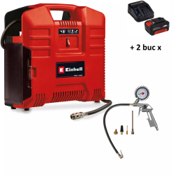 Compresor portabil Einhell TE-AC 368 Li OF Set-Solo 8 bar Rosu + 2 x Kit acumulator si incarcator Einhell PXC 4512042 18 V 4.0 Ah putere max 
