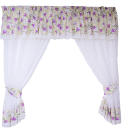 Perdea bucatarie bumbac alb cu imprimeu floral lavanda cu dantela alba rejansa 6 cm 200x160 